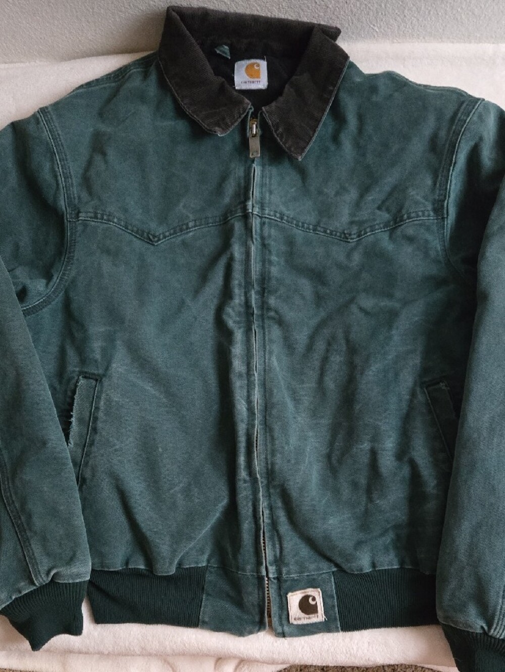 VTG Carhartt Men's Green Santa Fe Canvas Jacket with Dark Brown Corduroy Collar - Picture 2 of 16